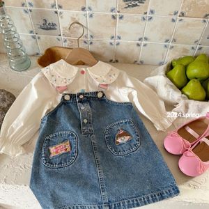 Roupas conjuntos infantil garotas de jeans de primavera de jeans fofa colarinho de pan de pan de manga comprida camisa branca bordado de bordado macio jean vestido crianças