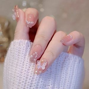 Doces de verão, pregos falsos patches rosa brilho nude prenda em unhas mulheres adesivas de arte unhas vestíveis