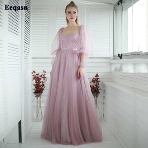 Vestidos de festa Eeqasn blush rosa glitter tule praia noite renda mangas cheias vestidos de baile de formatura formal feminino