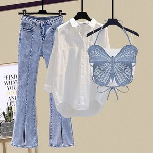 Womens Two Piece Pants Summer Wide Free Casual Leg Trousers White Shirt Wave Bra Vest Three Elegant Set Tracksuit 230317