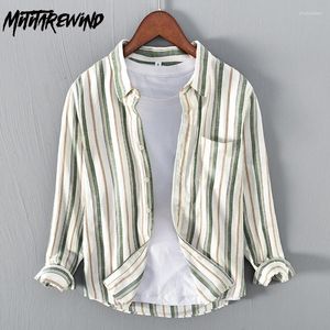 Camisas casuais masculinas primavera verão listrado manga longa diariamente camisa solta camisa masculina linho de algodão