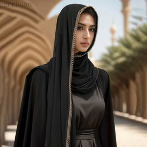 Hijabs New Muslim Bubble Chiffon Hijab Shawls com Chain Luxury Diamond Jewelry Headwrap Islâmico Ramadã Hijabs Lengacia Lady Lady Headscarf D240425