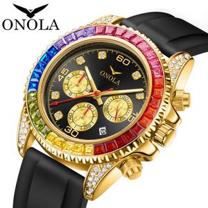 Onola Fashion Business Gold Watch Waterproof silikonowy taśma Rainbow di Watch Nowy zegarek męski