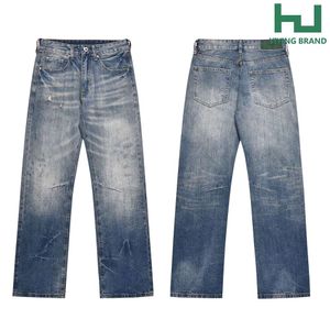 Тяжелая индустрия Китая, вымытая и изношенная льняная джинсовая джинсовая ткань прямые брюки для мужчин и женщин
