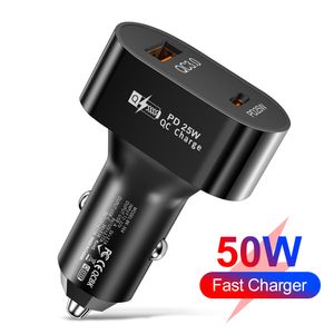 50W 2 PORTS PD TIPO C PRÁTICO USB CARREGOR DE CARRO RÁPIDO QC3.0 Carregador USB de carregamento rápido para iPhone 15 14 Plus 13 12 11 11 Samsung S24 S23 S22 Xiaomi com pacote de varejo