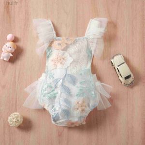 Rompers 2022 carino neonato neonato senza maniche in pizzo ricamato a fiore saltice di cotone abiti abiti abiti 0-24m d240425