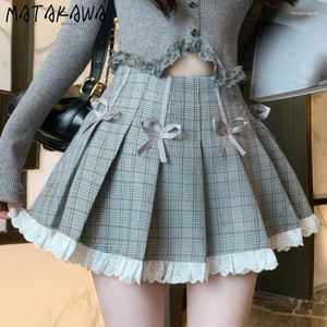 Saias Matakawa Preppy Style for Women Plaid Ruffles Spring Summer Summer Vintage Y2K Faldas Mujer Bows Pleated Fashion Mini Skirt