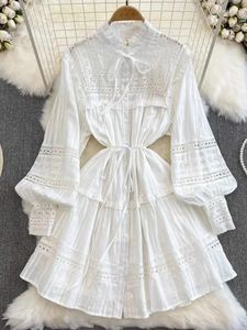 Casual Dresses 2024 Fashion White Holiday Cotton Dress Women's Bow Collar Long Lantern Sleeve Brodery Hollow Out Loose Mini Vestido