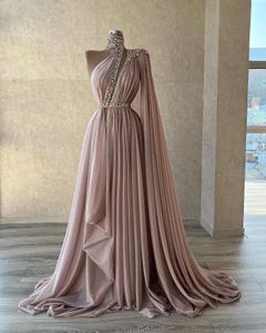 Dusty Pink Relective Sequins Evening Dresses With One Long Sleeve A Line High Collar Beaded Crystals Embelishment Party Occasion Gowns Teens Prom Dress BC18707