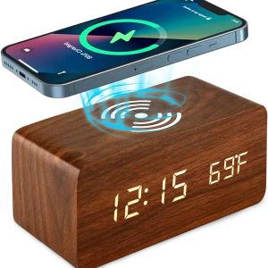 Zegar drewniany cyfrowy budzik z bezprzewodowym ładowaniem, zegar LED z godziną, datą, temperaturą, zegary biurowe do biura, zegar nocny
