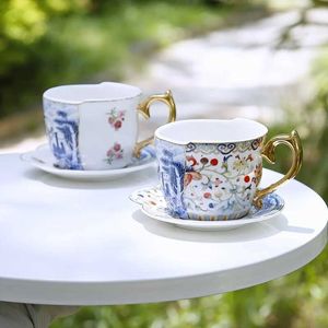 Tumblers Light Luxury Coffee Cup And Saucer Set Irregular Flower Tea Unique Blue White Doucai Ceramic H240425