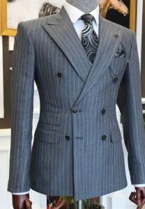 Джакеки серые мужчины подходят для полосатого смокинга 1 -й кузаркой пиджаки Slim Fit Wedding Groom Design Mase Blazer на ужин (только куртка)