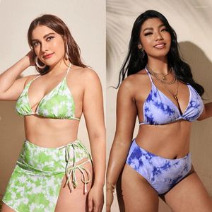 Mutada de banho feminina 060 Bikinis elegante Conjunto de 3 peças Tie-dye grande vestido de praia grande e sexy na cintura feminina de nadar 2024 plus size xl