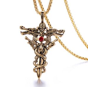 Retro Cross Mens Naszyjnik 316L ze stali nierdzewnej 18K Gold Men039s Red Rhinestone Ustawienie wisiorka 15486125008807