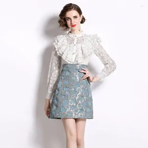 Casual Dresses Elegant Office Lady Short Dress Temperament White Lace Patchwork Flower Jacquard Slim One Piece Kvinna