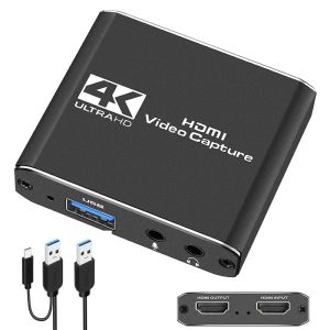 Adapter Audio Video Capture Card med Microphone 4K HDMI Loop Out, 1080p 60fps Video Recorder, Gaming, Live Streaming, Switch/PS4, etc.