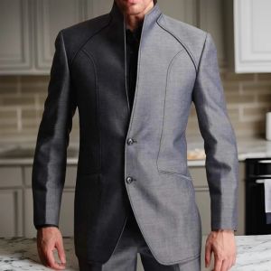 Jackets 2 PCs Tunic Tunic para homens com colarinho de stand 2024 moda mandarim marceneiro formal masculino com calças personalizadas