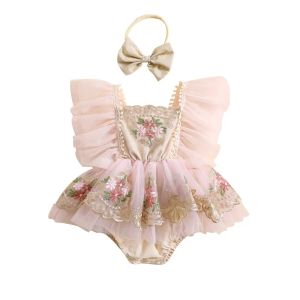 Pudcoco Outfit da bambina neonato pudcoco, pagliaccio per maniche a mosca fiore ricamata con abiti estivi a banda per capelli bowknot 024m