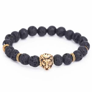 Strands Fashion Men Lion Head Buddha Bread Bransoleta Czarne lawowe koraliki Kamienne Kulki Urok Brzececzki Brzepły dla mężczyzn Akcesoria Prezent