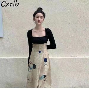 Casual Dresses Knitting Women Chinese Style Patchwork Print Långärmning Square Collar A-Line Midi Elegant Retro Design Spring Autumn