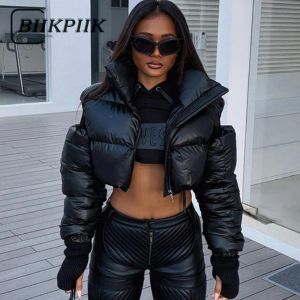 Parkas Biikpiik Streetwear Hollow Out Solid Puffer for Woman Casual Zip Up Longtleve Turtleneck Autumn Winter Coatsファッションジャケット