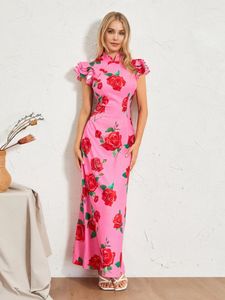 Casual Dresses Women's Cheongsam Long Dress Rose Flower Print Stand Collar Ruffled Cap Sleeves Chinese Evening