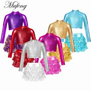 Scene Wear Kids Girls Shiny paljetter Ballet Dance Clothes Långärmad tiered Crop Top+kjol för Carnival Party Jazz Dance Stage Performance D240425