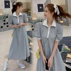 Dress 2023 Spring Summer Polo Dress Women's Elegant Bubble Sleeve Long Dress Grey Casual Knee Length Straight Sleeve Dress Women