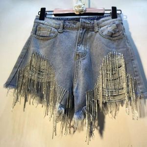 Women's Shorts Coigarsam Summer Office Lady Hole Stretch High Waist Washed Tassel Straight Denim Blue Women