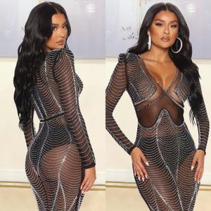 Summer Womens Clothing Fashion Sexy Mesh Perspektiv Nattklubb Rhinestone Lång klänning för kvinnor