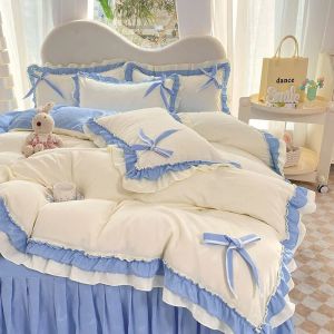Sets Blue Lace Ruffle Bowknot Bettbedeckungsbett Rock Bettwäsche Kissenbezüge Luxus Bettwäsche Set für Mädchen Frau Dekor Home