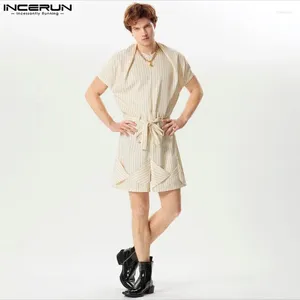 Men's Shorts INCERUN 2024 American Style Jumpsuits Stylish Stripe Design Short Sleeved Casual All-match Rompers S-5XL