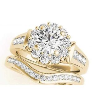 Band Rings Luxury Round White Stone Zircon Engagement Gold Color Set Fashion Party Anniversary Wedding for Women H240425