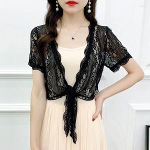 Women's Jackets Solid Color Fashion Lace Coat Ladies Temperament Cardigan 2024 Short Sleeve Black Hollow Out Tops Summer Sunscreen