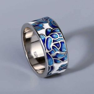 Ringas de banda Classic epóxi esmalte azul Flores de flores anel 925 prata para jóias casamento h240425