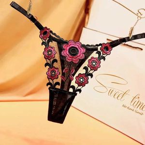 Briefs Panties Women Panties Charming Black Perspective Tulle Sexy Thong Femininity Embroidery Breathable Adjustable Belt Ladies Underwear Y240425