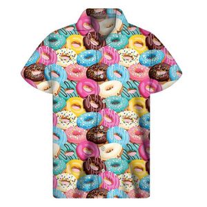 Erkekler Sıradan Gömlek Çikolata Donuts Kurabiyeleri 3D Baskı Gömlek Erkekler Yaz Hawaii Gömlekleri Üstleri Sokak Çurası Aloha Bluz Düğmesi Kısa Kollu 240424