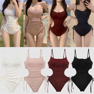 Cargo Swimsuit East Gate Instagram Style Solid Color Minimalist Drawstring Slimming One Piece Swimsuit Women's Swimsuit