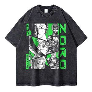 T-shirt maschile Roronoa Zoro T-shirt Vintage Lavato Anime One Piece Maglietta a manica corta Oversize Shorte Manga Sabo Jinbe Luffy Ace Sanji Tops Teesl2425