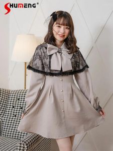 Casual Dresses Rojita Japanese Lady Lace Cape Dress 2024 Spring Elegant Big Bow Collar Puff Sleeve Slim Fit midje Slimming Mid-Lemgth