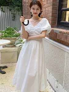 Party Dresses 2024 Black Puff Sleeve Pleated V-Neck Midi Dress Summer White Elegant Casual Prom Women Korean Vintage Hepburn