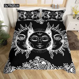 Set Mandala Däcke Cover Set Sun and Moon Comforter Cover Ties Exotic Style Black and White Botanical Floral Polyester Bedding Set
