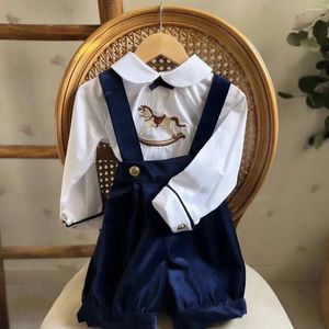 Conjuntos de roupas bebê menino conjunto outono marinho azul veludo bordado de cavalo vintage para pografia de aniversário causal eid