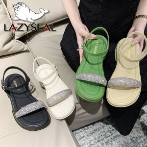 Stövlar lazyseal kortfattad kristallband kvinnor sandal fast färg sommarsko 5cm fyrkantiga klackar sandal för kvinnor nya sandalias mujer