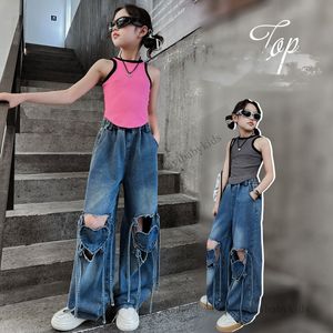 Fashion Teenagers Loch Straight Jeans große Mädchen lieben Herz Weitbeine Denim Hosen Sommer Old Kids Casual Weste Tops Z7866