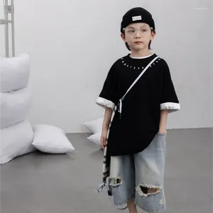 Clothing Sets Summer Korean Children Boys 2PCS Clothes Set Solid Color Letter Print Versatile Tees Hole Straight Shorts Suit Kid Outfits