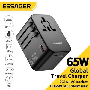 Chargers Essager Universal Travel Adapter All in one Travel Charger With 65W USB and Type C Wall Charger For US EU UK Plug AUS Charging