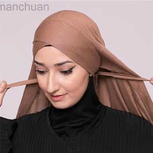 Hijabs Muslim Cross Tie Jersey Instant Hijab Good Stitch Stretchy Scarf Soft Turban Plain Headband Wraps Foulard d240425