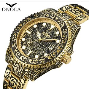 패션 브랜드 Onola Gold Watch 남자 석영 방수 시계 골드 워치 남자