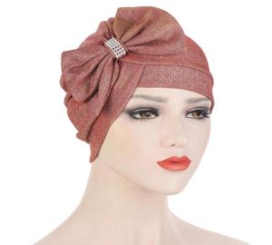Beanies Multicolor Glitter Bowknot Fashion Turban Hat Cross Forehead Big Bow DiamondStudded Turbans For Women Headwrap Muslim 2024075399